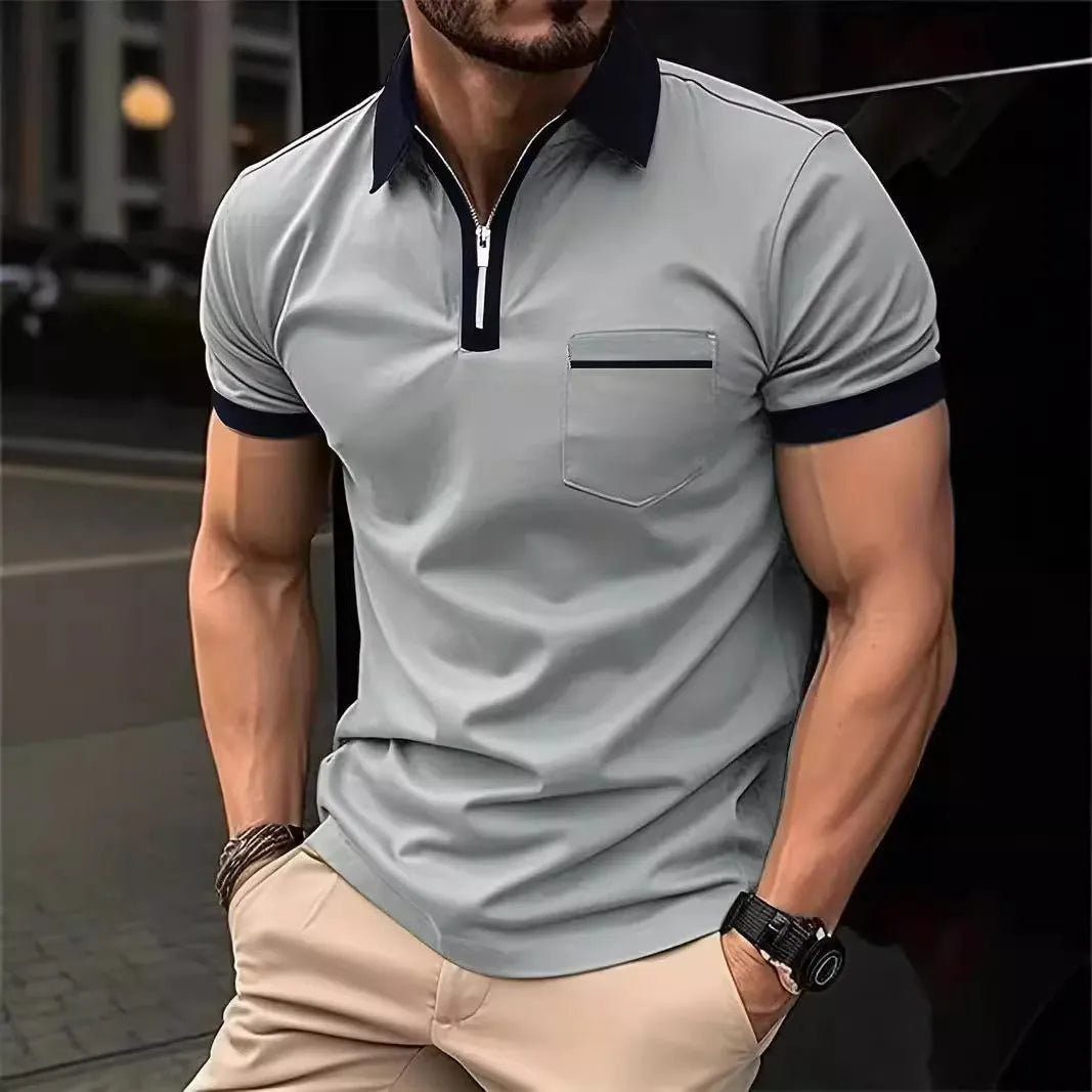 Men's loose fit short sleeve casual shirt with chest pocket and decorative zip details in colour combination options