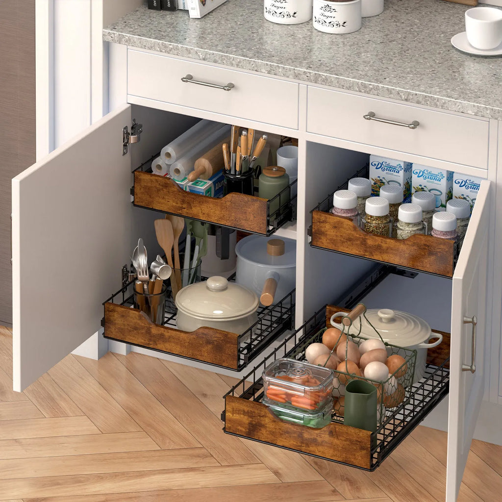 Black wooden and iron pull-out basket storage rack for kitchen or cabinet organisation.