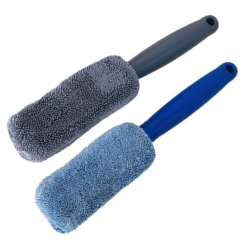 Microfiber long handle tyre brush with blue head and aluminium shaft for car wheel cleaning