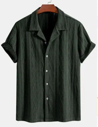 Men's loose-fit short sleeve cardigan in polyester fabric shown in solid colour options