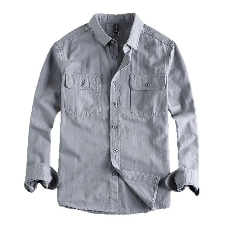 Men's loose cardigan-style long sleeve shirt in light grey, black, khaki or green colours