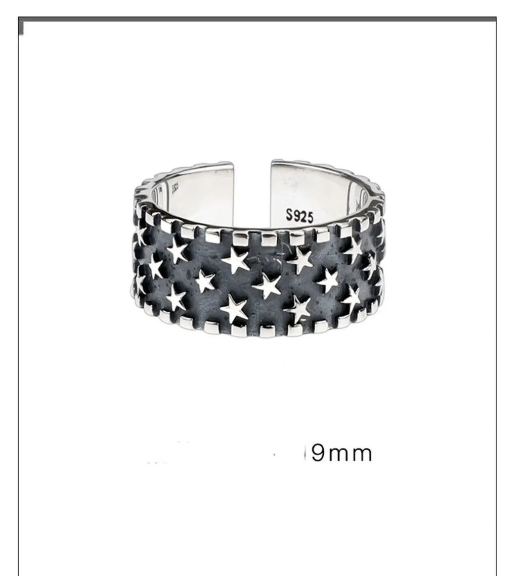 925 sterling silver adjustable geometric star ring with five-pointed pattern