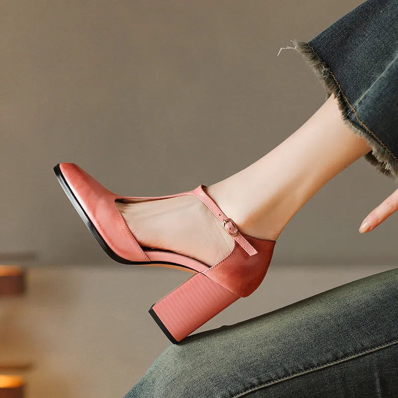 Baotou hollow women's retro pointed Mary Jane shoes in cowhide, showing buckle and hollow vamp design.