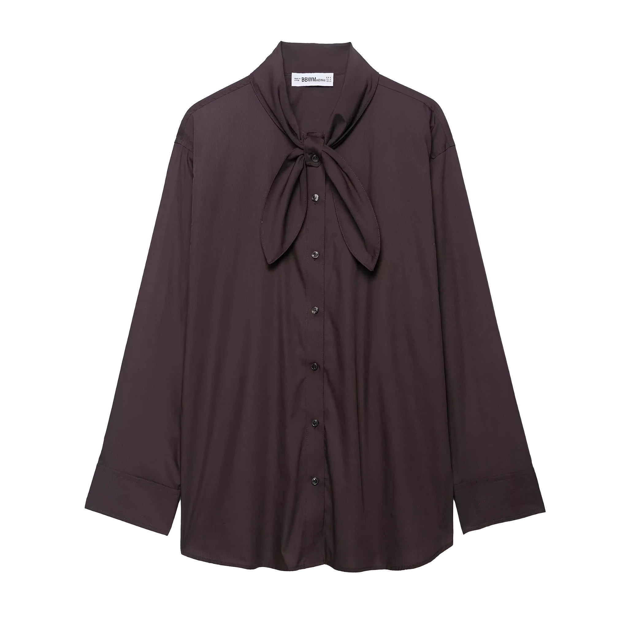 Brown loose-fit women's polyester poplin shirt with an attached bow tie, cardigan style.
