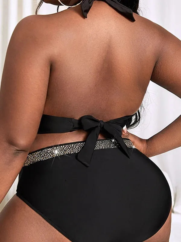 Black plus size women's bikini swimsuit with bra and shorts, sizes 0XL to 4XL