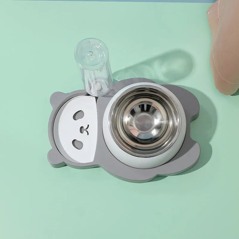 Grey panda-shaped pet feeder with automatic water bottle and tilted stainless steel bowls