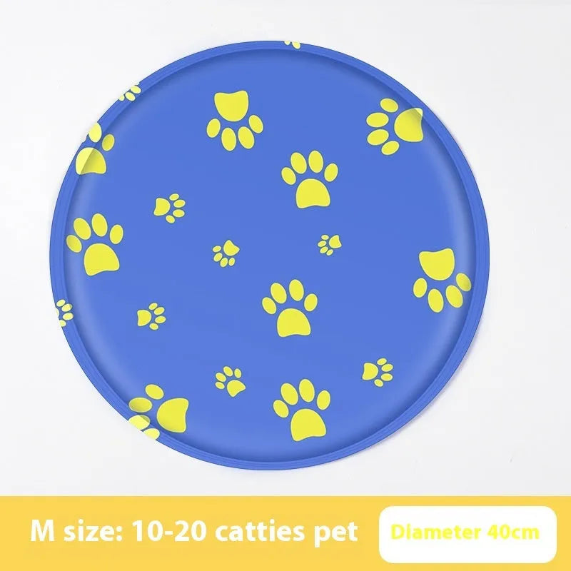 Round pet cooling mat with cartoon design, shown in beige bunny and blue cat patterns.
