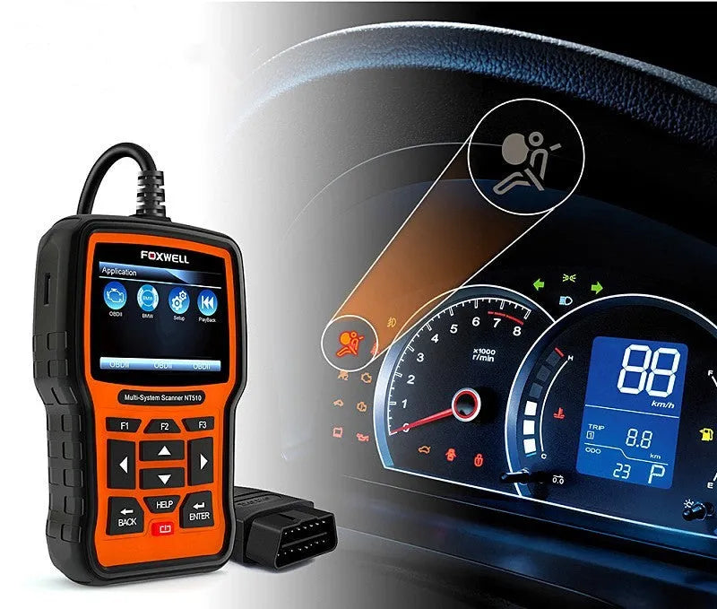 Foxwell NT510 orange and black automotive OBD2 diagnostic scanner with data cable
