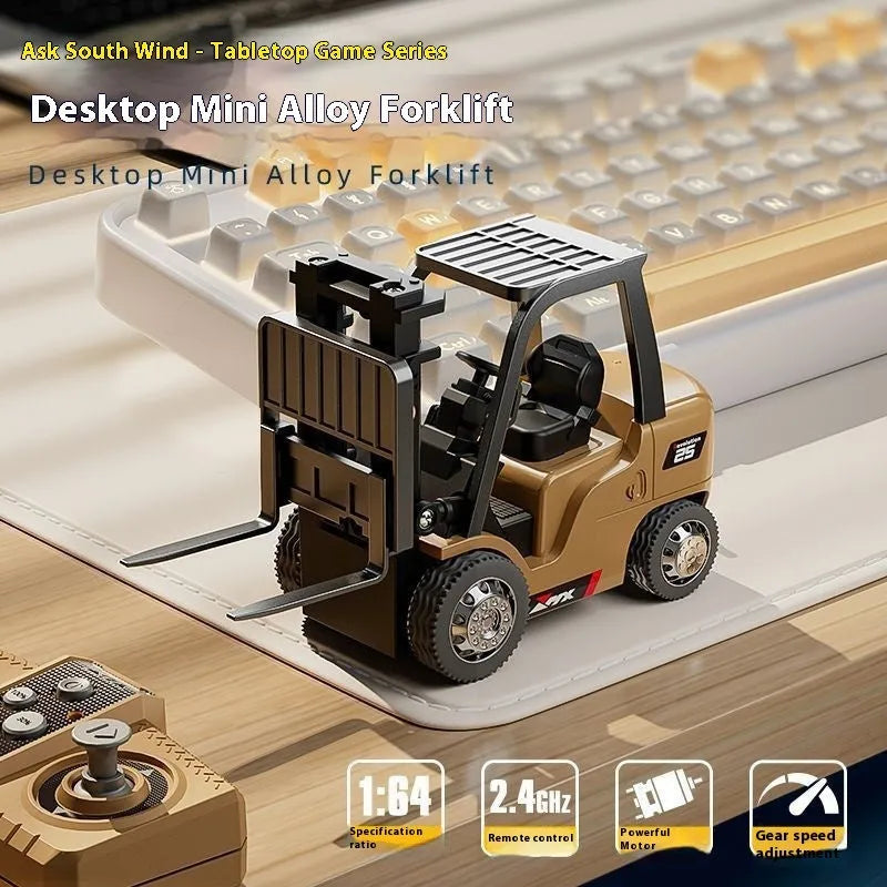 Mini alloy remote control forklift model with pallet and cargo hook accessories on 1:64 scale