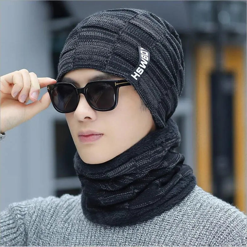 Cotton knitted men hats set with curling detail and letter pattern in black, grey, khaki, navy, and red