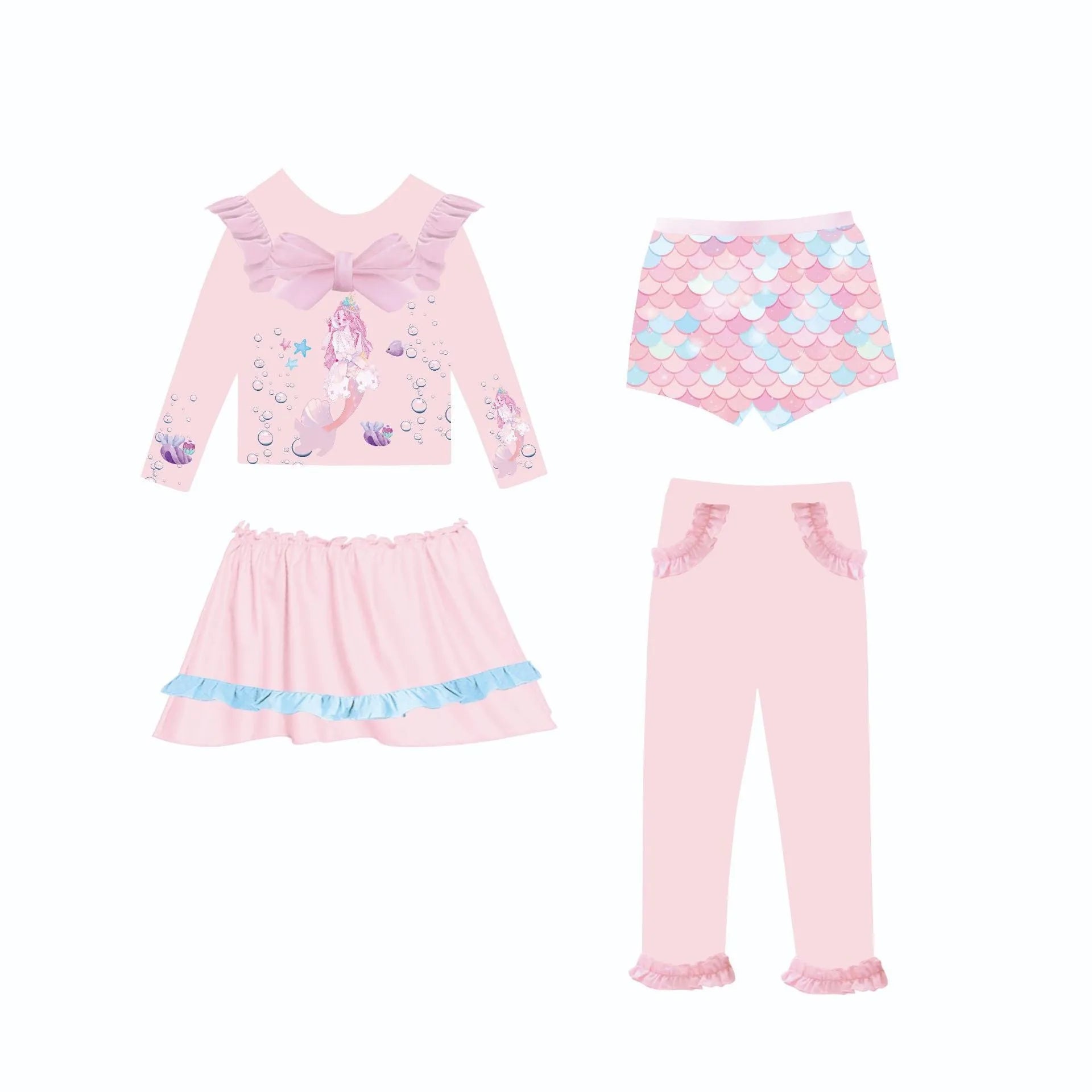 Girl's gilded coloured mermaid swimsuit two-piece set in polyester fabric