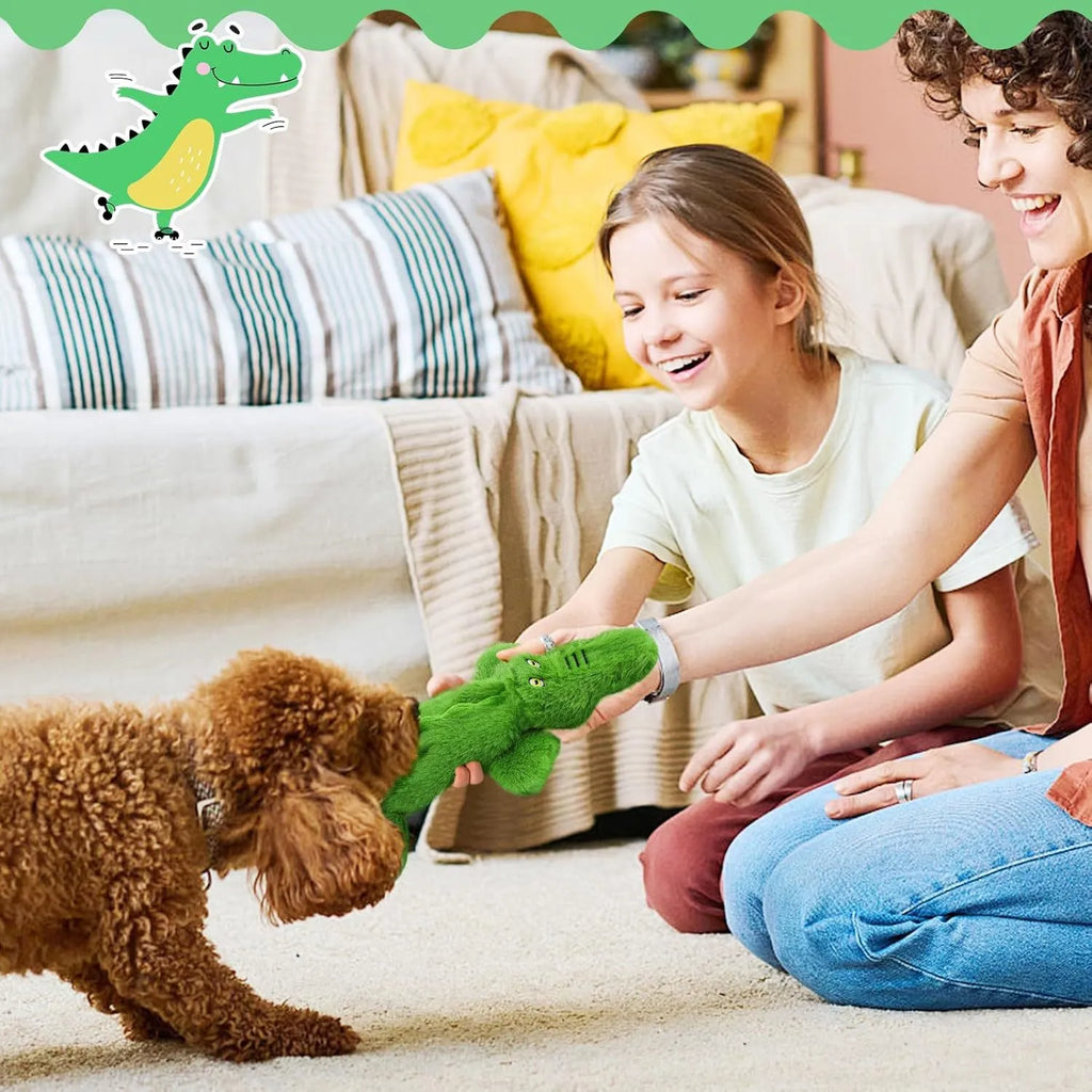 Green crocodile plush dog toy with no stuffing for safe chewing by small and medium dogs