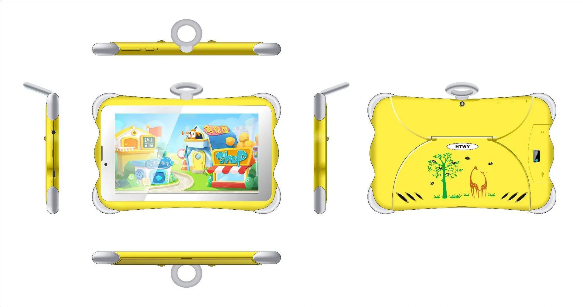 7-inch children's learning tablet in cartoon colours with integrated stand, showing 3G calling and Bluetooth features