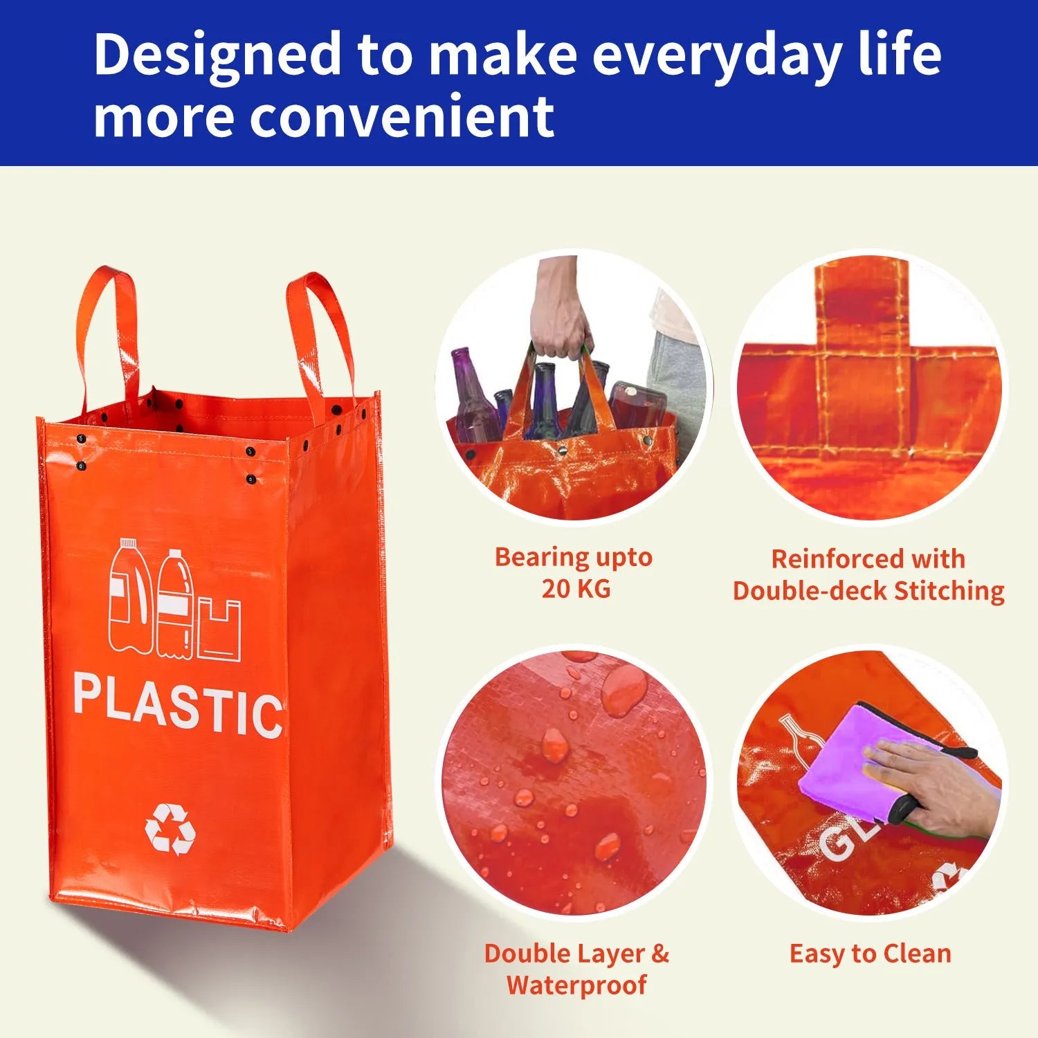 Blue handbag style waterproof rubbish bin with 40L capacity for household waste sorting