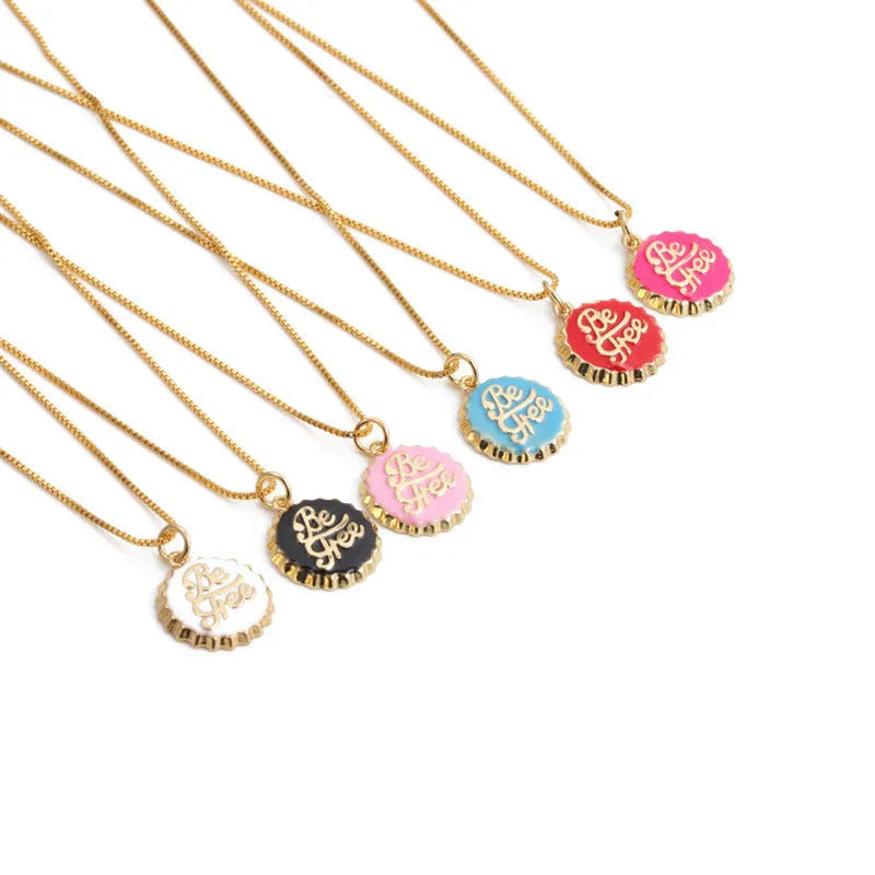Copper bottle cap pendant necklace with gold plating on 40cm box chain in six colour options