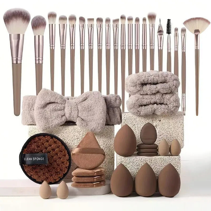 Professional makeup brush set with face wash tools in brown, pink, and purple colour options