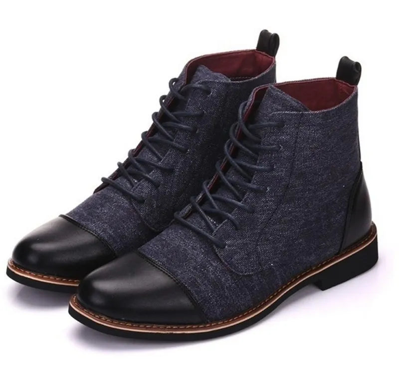 Men's leather motorcycle boots with silver belt buckle details on the side, shown with a rubber sole.