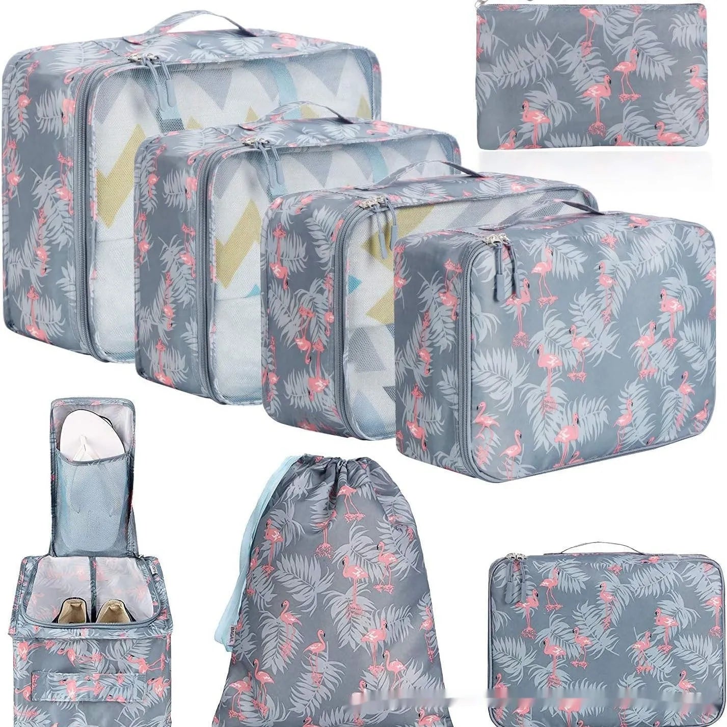 Eight cubic travel packing bags in various colours including beige, black, pink leopard print, and white pink stripes