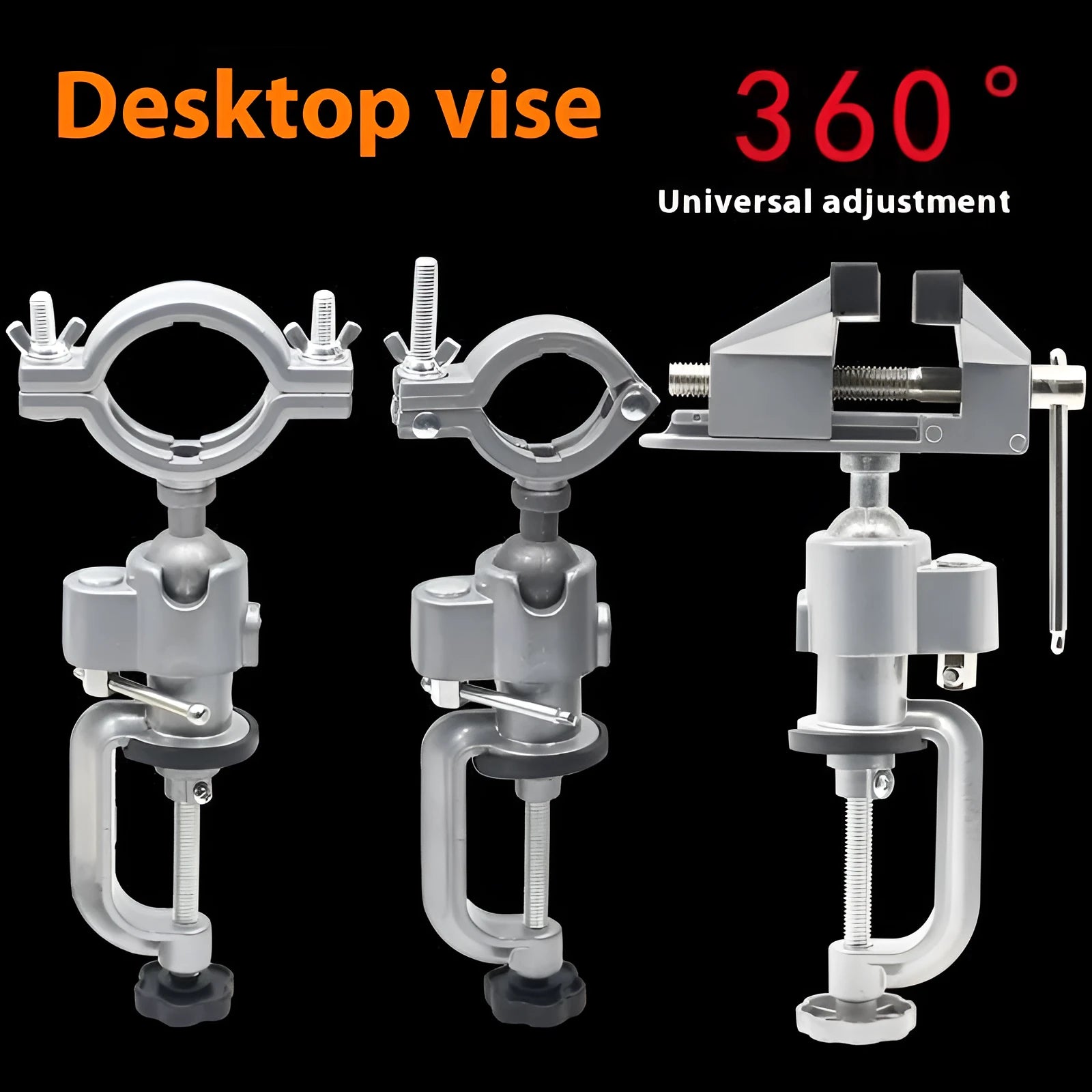 Small flat bracket-type clamp-on bench vise with a 360-degree rotating head on a workbench.