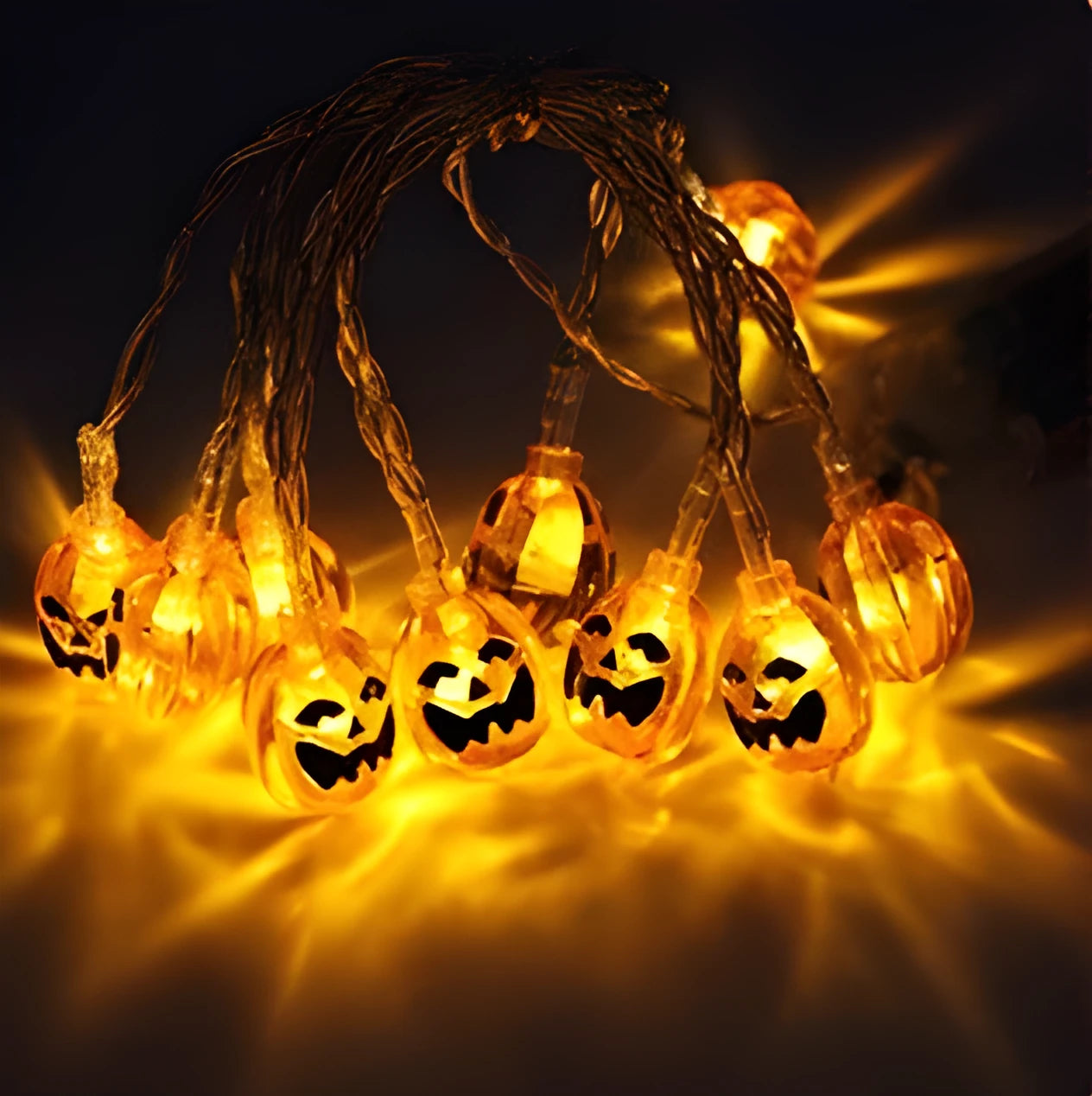 Halloween LED string lights with pumpkin, bat and ghost decorations showing colour changing illumination
