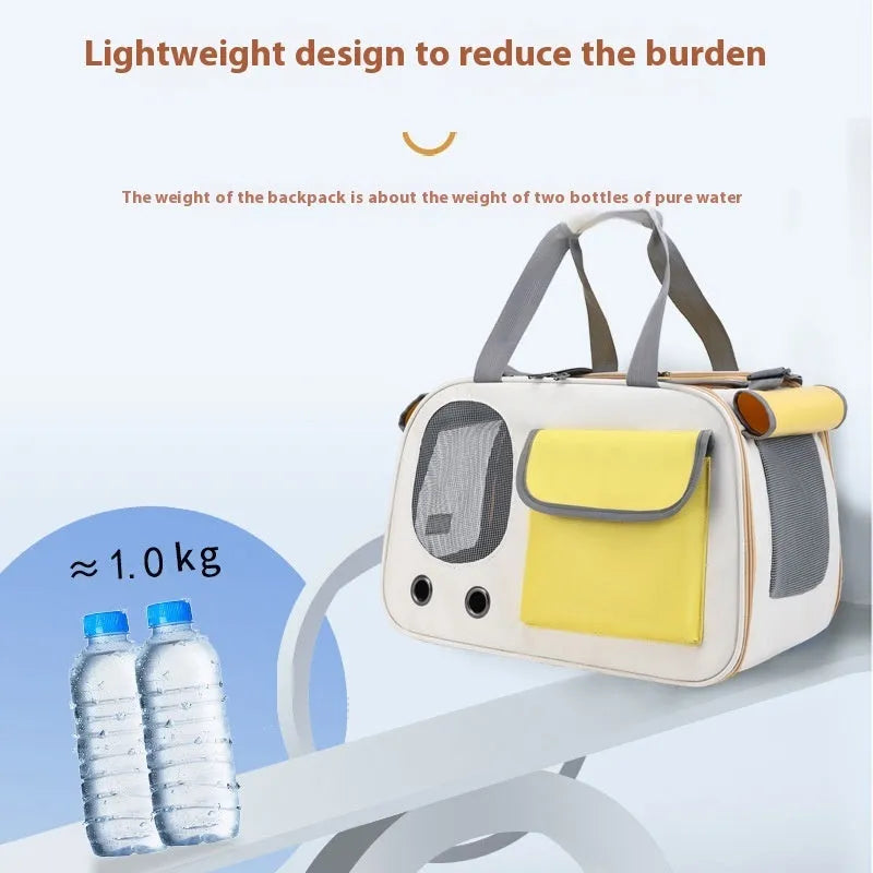Foldable canvas pet carrier bag with shoulder strap shown in three colour options.