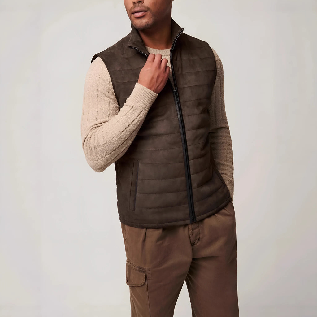 Leather style men's brown polyester vest jacket with horizontal stitching and straight hem