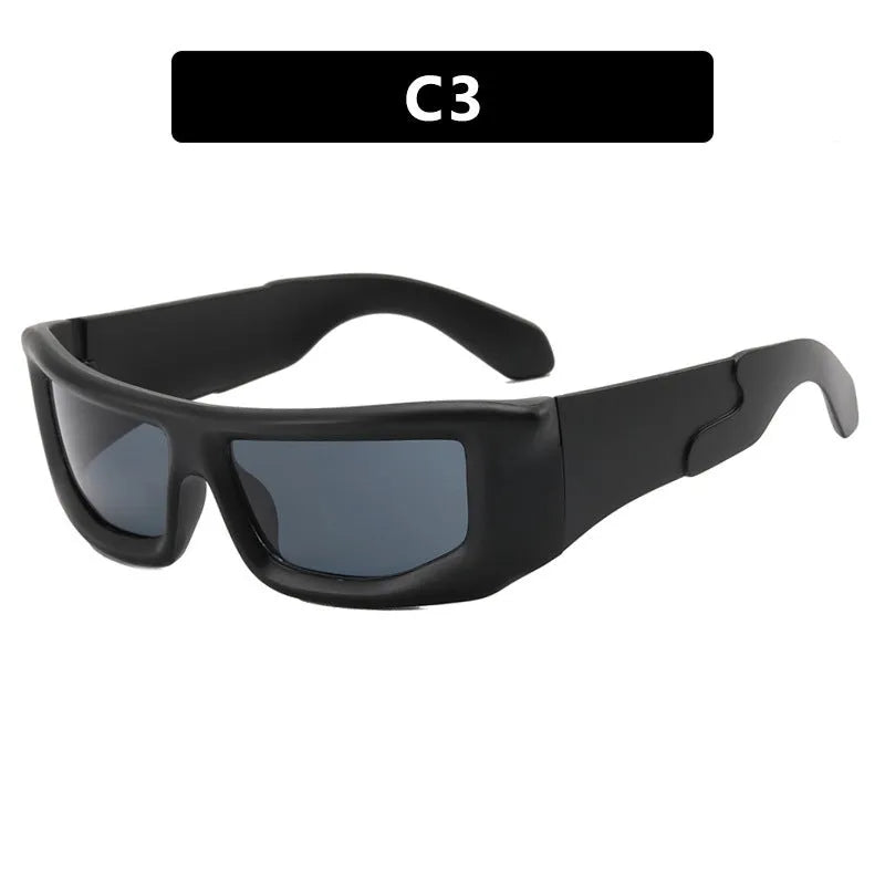 Futuristic sunshade sun glasses with AC lens and PC frame in silver frame with white mercury lenses box style