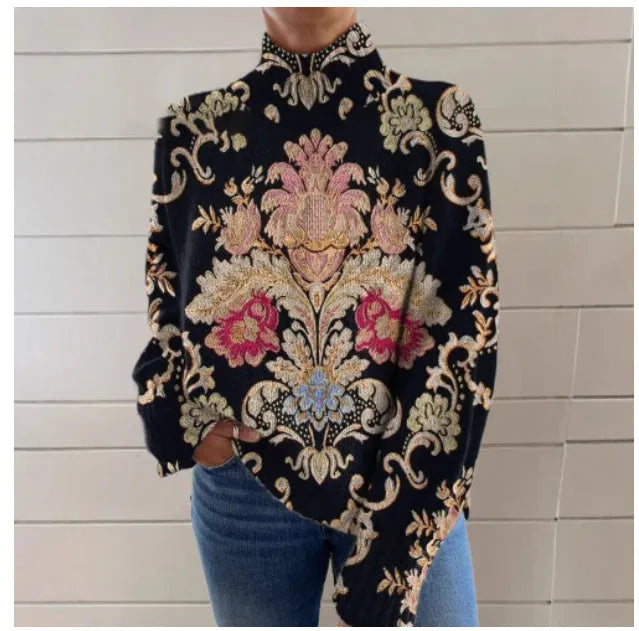 Black line 3D pattern printed turtleneck long sleeve sweater loose fit
