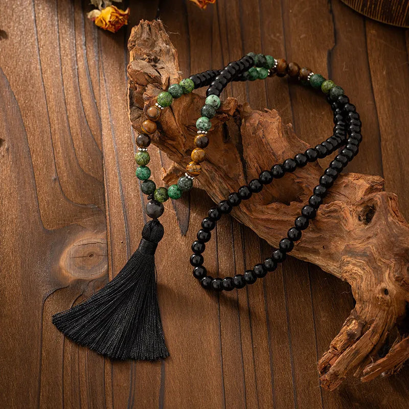 Vintage tassel bohemian style natural stone beaded long sweater chain with geometric round beads and matching bracelet