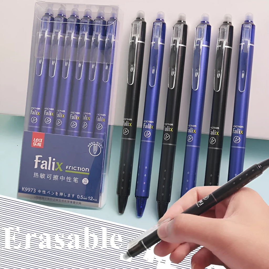 Hot Erasable Push Gel Pen with 0.5mm stainless steel nib and plastic body in blue or black ink.