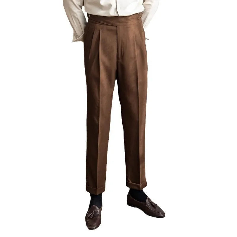Men's high waist straight leg casual trousers in polyester available in black, white, khaki, and brown colours
