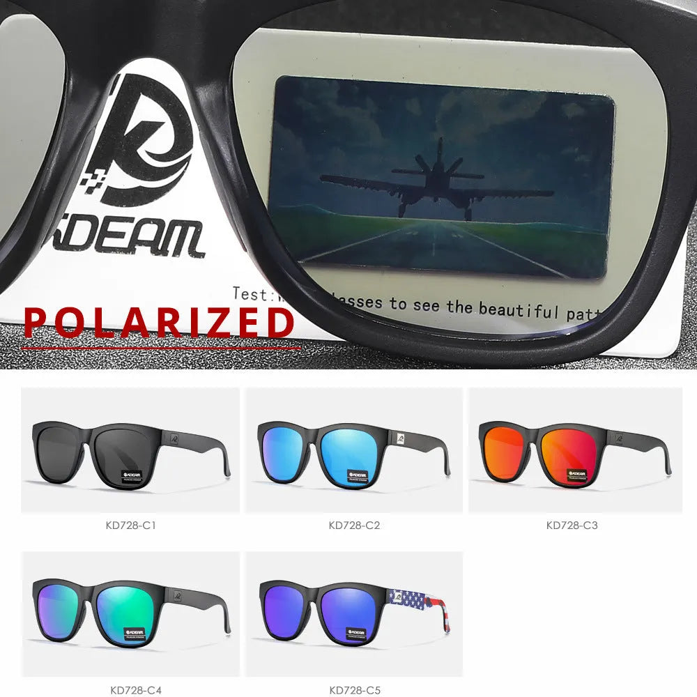 Polarised sunglasses with TAC lenses and PC frame for UV protection during outdoor activities.