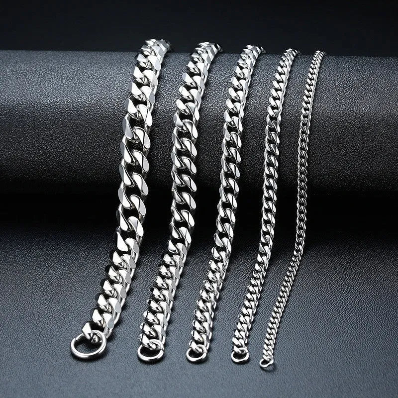 Gold six-sided Cuban link metal bracelet shown in various widths and colour options.