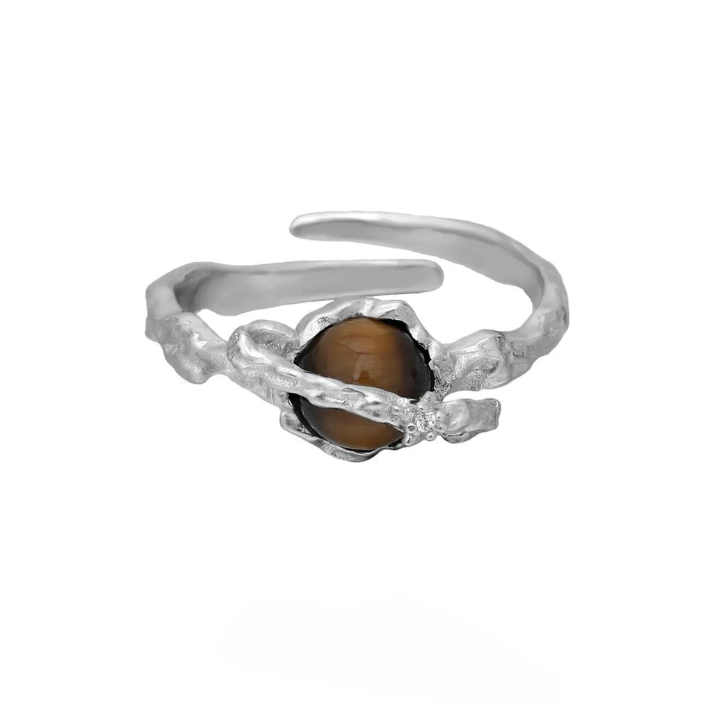 Adjustable silver open ring with Saturn design in white gold colour finish