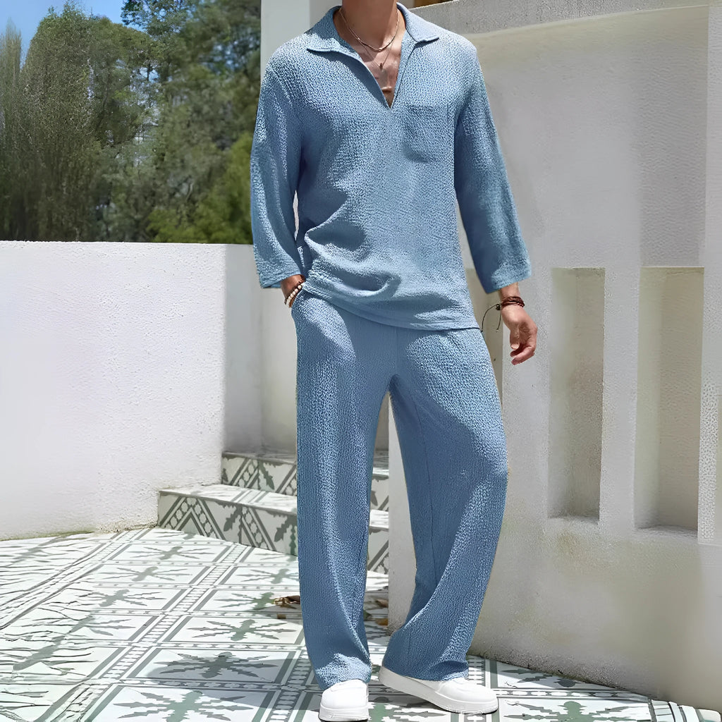 Men's casual polyester shirt trousers suit set in lake blue colour, showing complete two-piece outfit