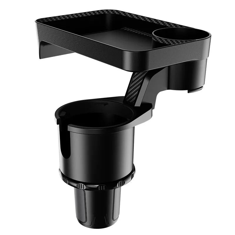 Black ABS plastic car-mounted rotating dinner tray holder showing 360-degree rotation mechanism