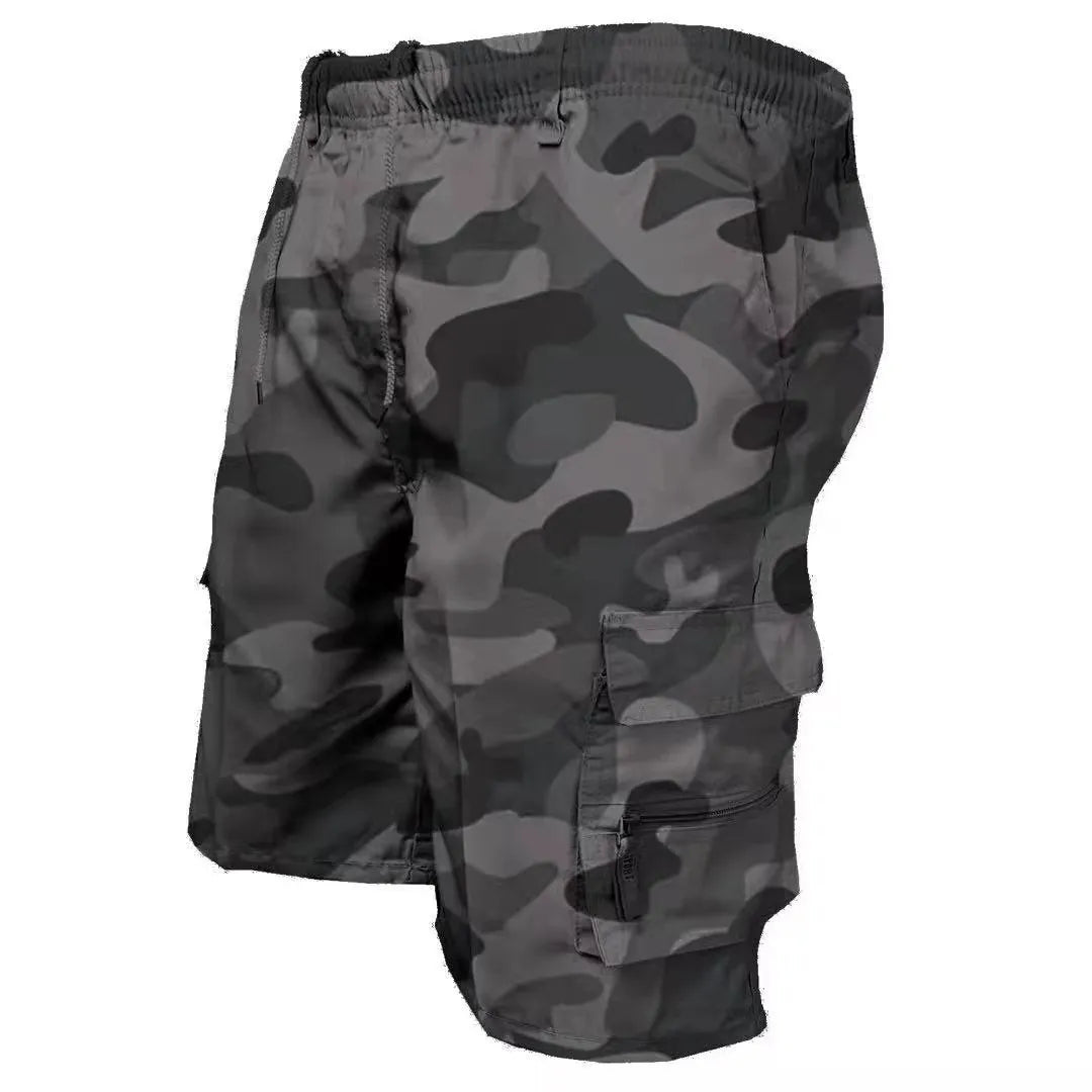 Men's khaki-coloured loose-fit cotton casual shorts with a drawstring waist and multiple pockets.