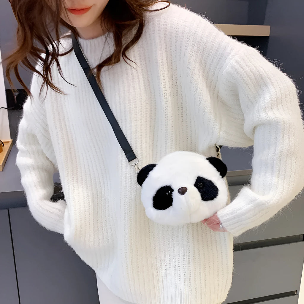 Soft plush cylindrical crossbody bag with panda head design showing 18cm dimensions