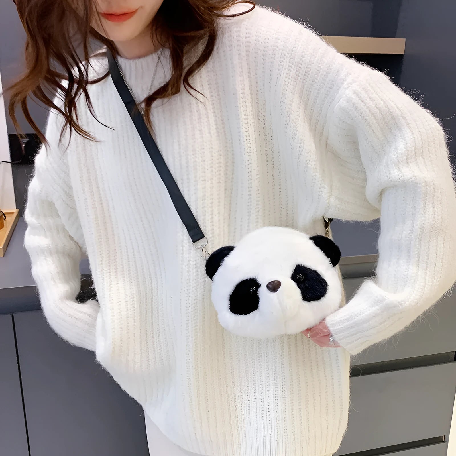 Soft plush cylindrical crossbody bag with panda head design showing 18cm dimensions