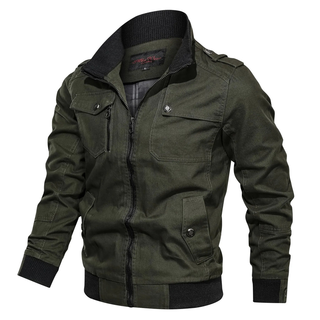 Cotton men's stand collar jacket in solid colour with side pockets available in multiple sizes