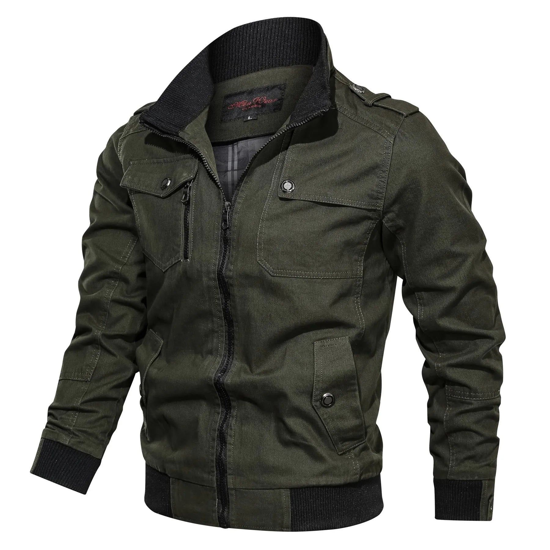 Cotton men's stand collar jacket in solid colour with side pockets available in multiple sizes