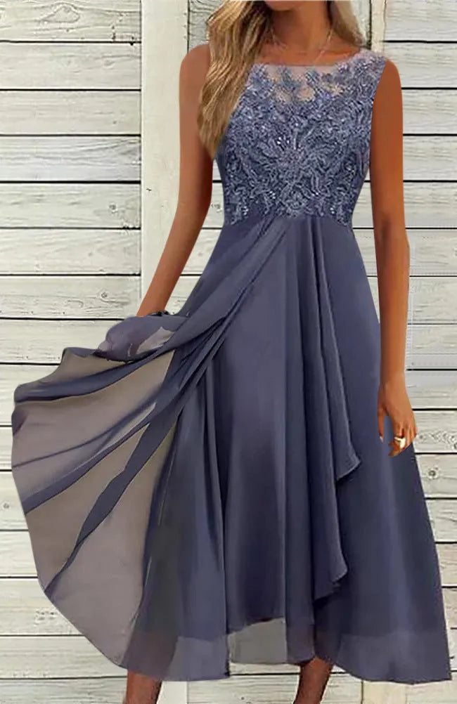 Women's sleeveless blue chiffon dress with lace stitching detail and a mid-length skirt.