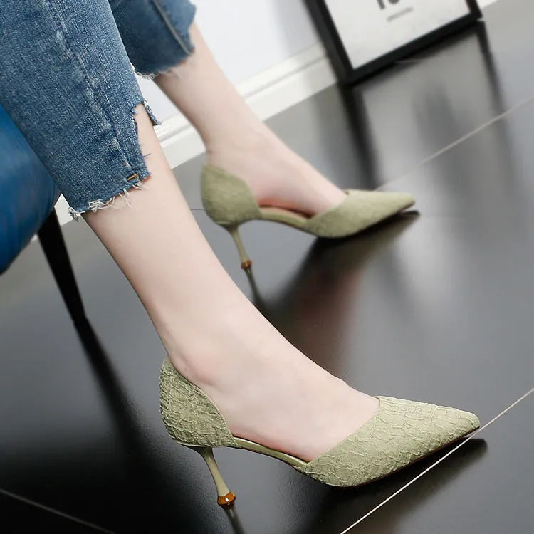 Women's black pointed stiletto high heels with 6-8cm PU leather construction