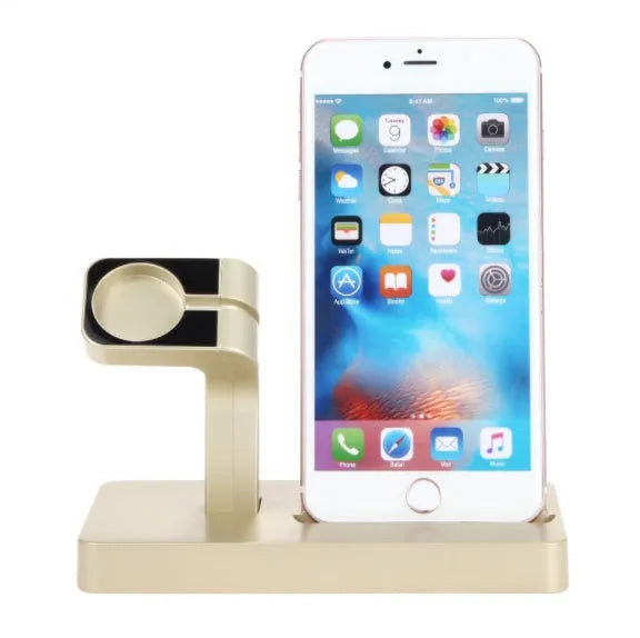 White 2-in-1 desktop charging dock holding an iPhone and an Apple Watch