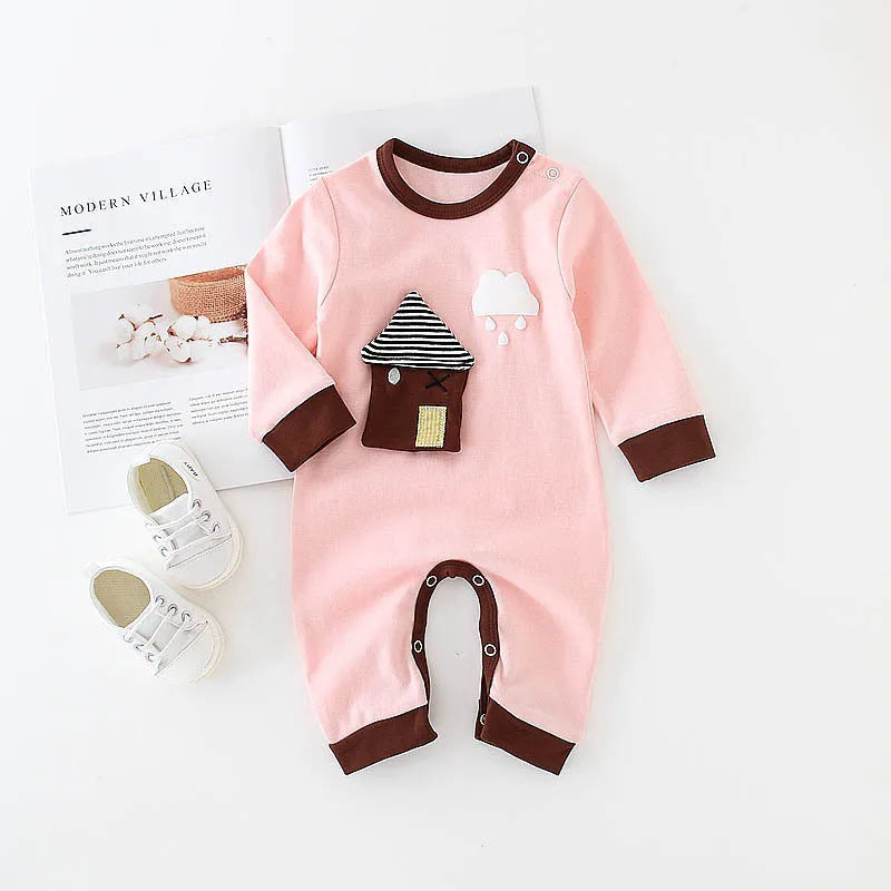 Baby cotton long sleeve romper with diagonal button closure in blue house print