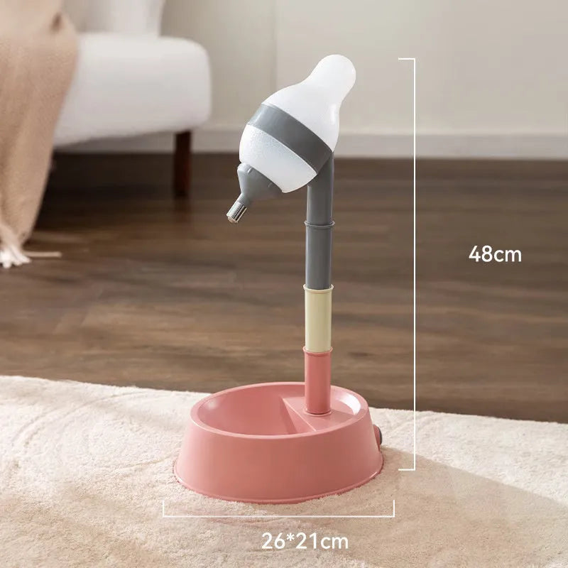 Adjustable height pet water dispenser in green, grey, or pink with detachable pole and steel drinking nozzle