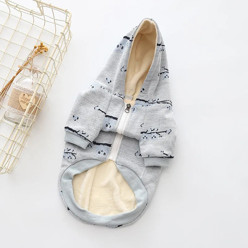 Blue cotton dog sweater with front zipper closure and pattern design
