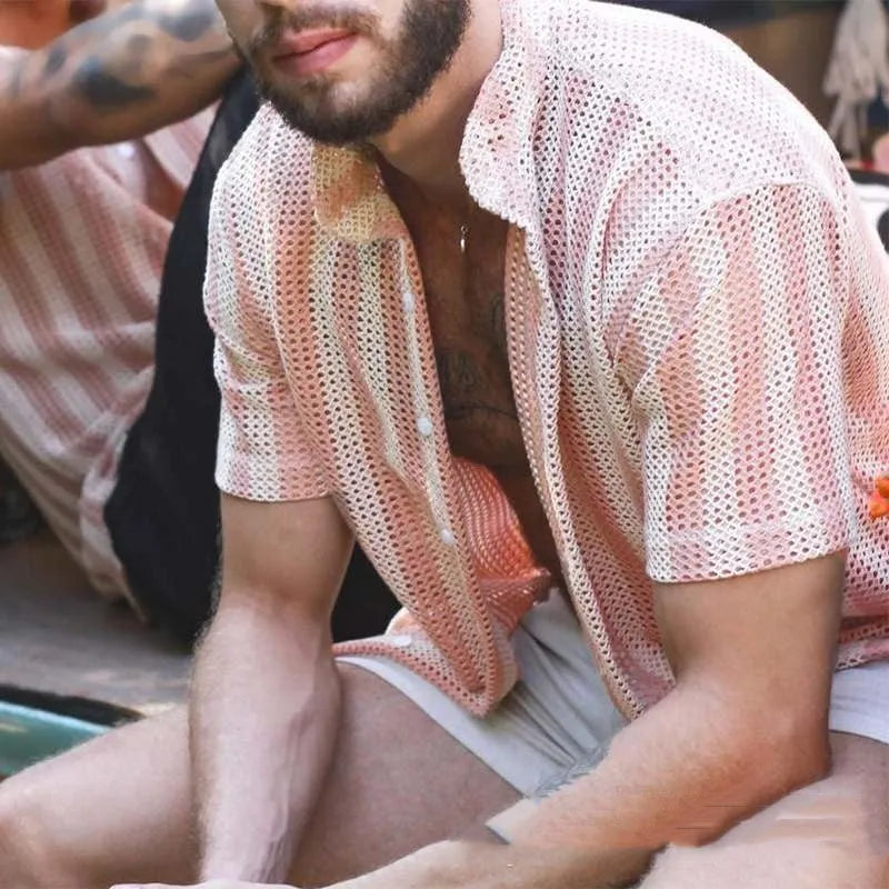 Pink men's short-sleeve cardigan shirt with waffle weave texture, loose fit