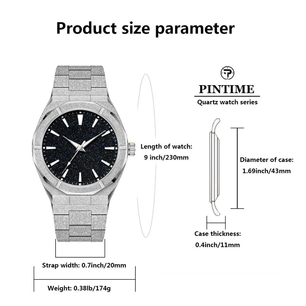 Men's stainless steel business watch with luminous markers in black, gold, or silver