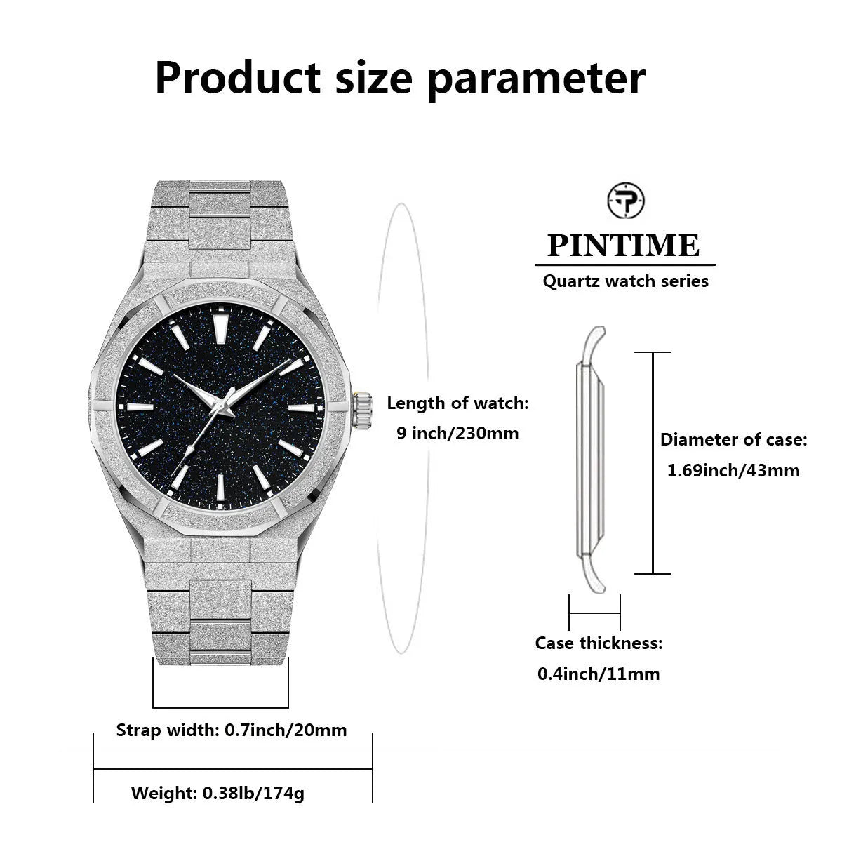 Men's stainless steel business watch with luminous markers in black, gold, or silver